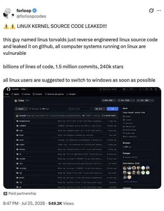 The source code for the Linux kernel (the world’s most widely used operating system)